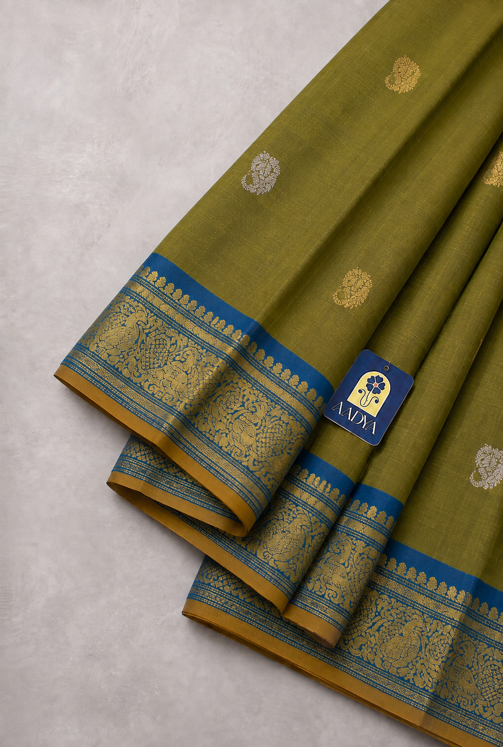 Parrot Green Gadwal Silk Saree with Gold & Silver Mango and Peacock Buttis, Peacock Green Zari Border