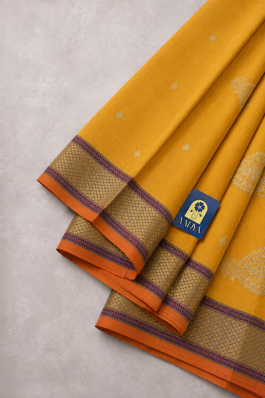 Mustard Yellow Paithani Silk Saree with Gold Butta Motifs & Zari Border