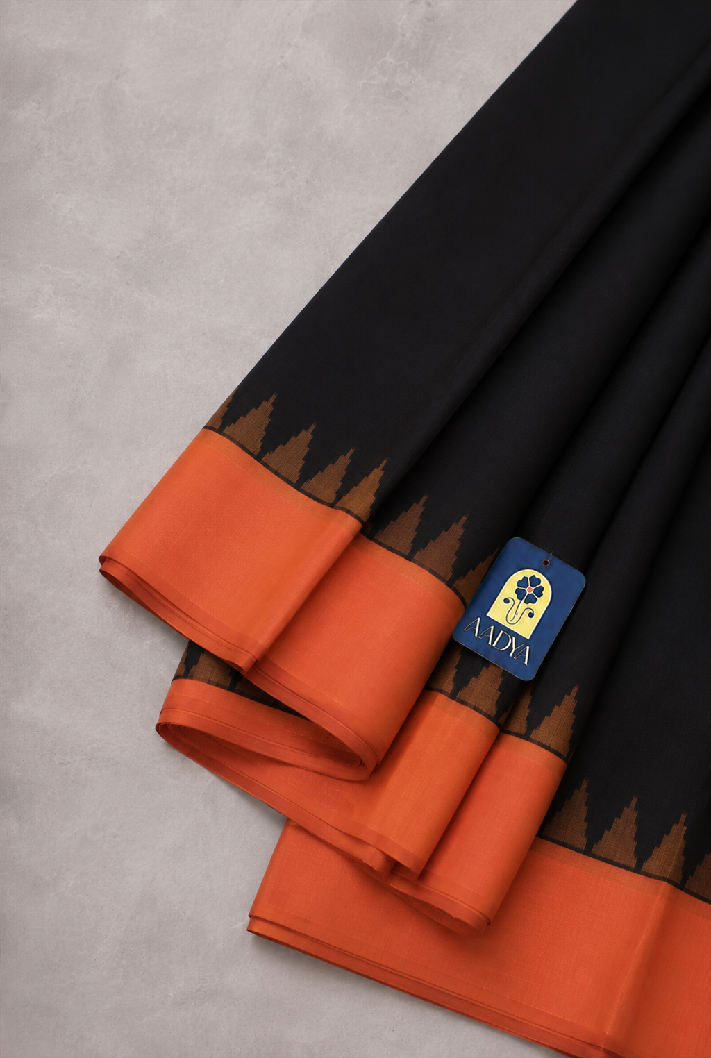 Black Gadwal Silk Saree with Orange Temple Design Border & Plain Pallu
