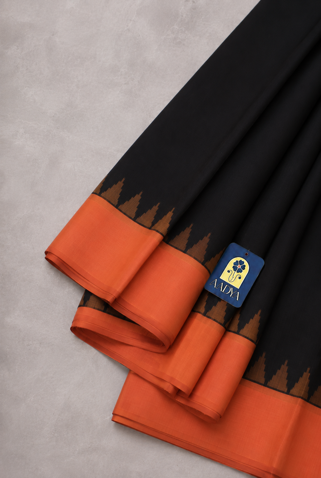 Black Gadwal Silk Saree with Orange Temple Design Border & Plain Pallu