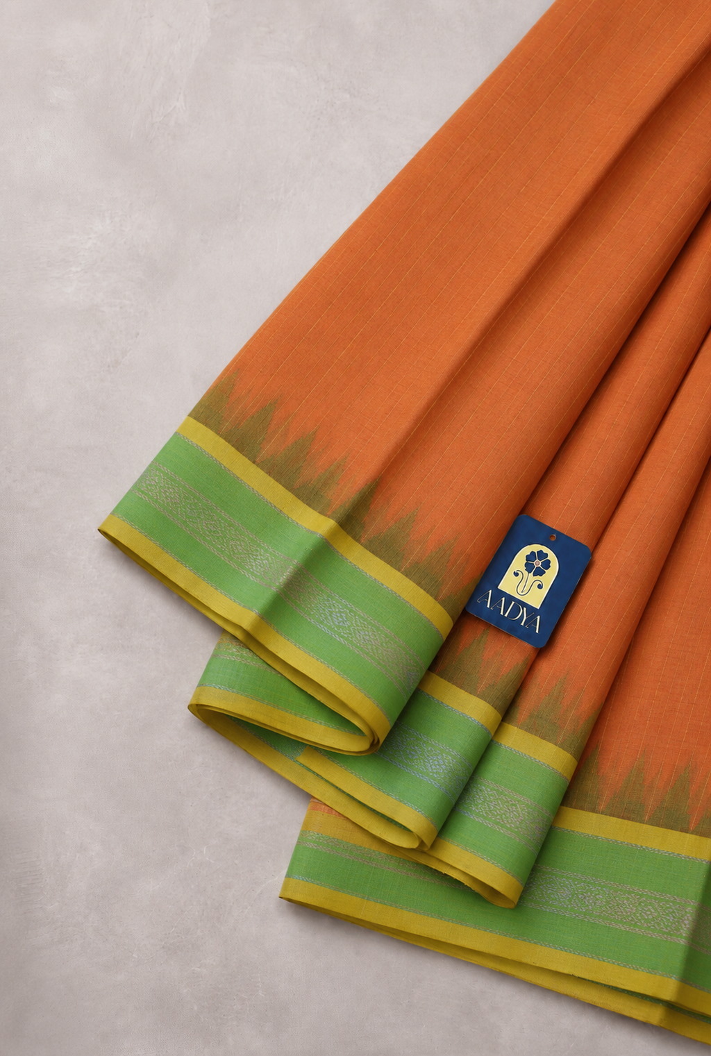 Orange Ponduru Khadi Cotton Saree with Green Border & Gold Zari Pallu