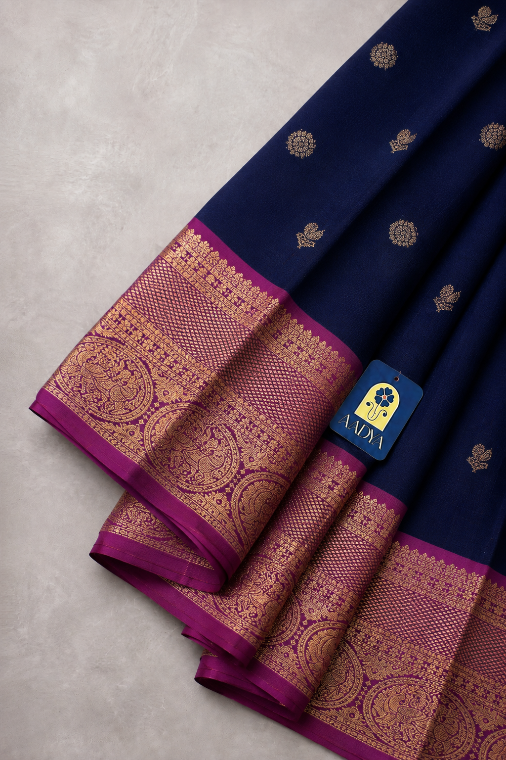 Dark Blue Gadwal Silk Saree with Flower Zari Buttis, Purple Peacock & Leaf Motif Border