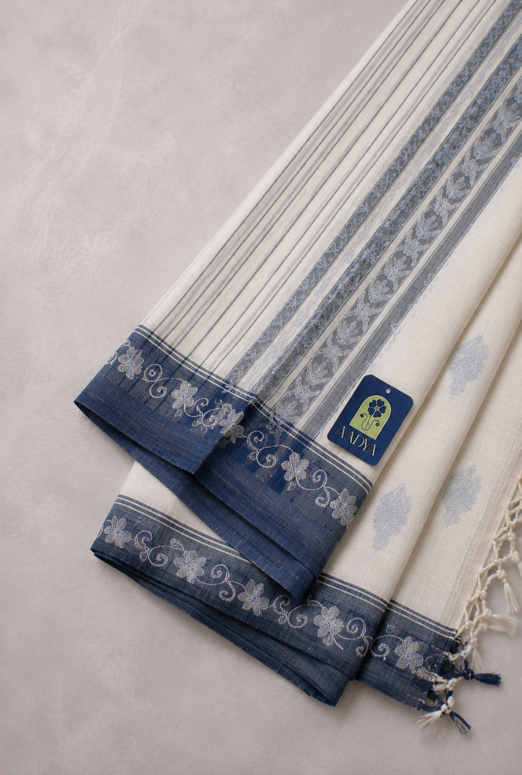 White Khadi Cotton Saree with Silver Floral Kashmir Work & Sea Blue Border