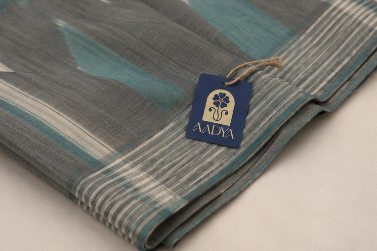Sea Blue & Grey Ikat Cotton Saree with White Border
