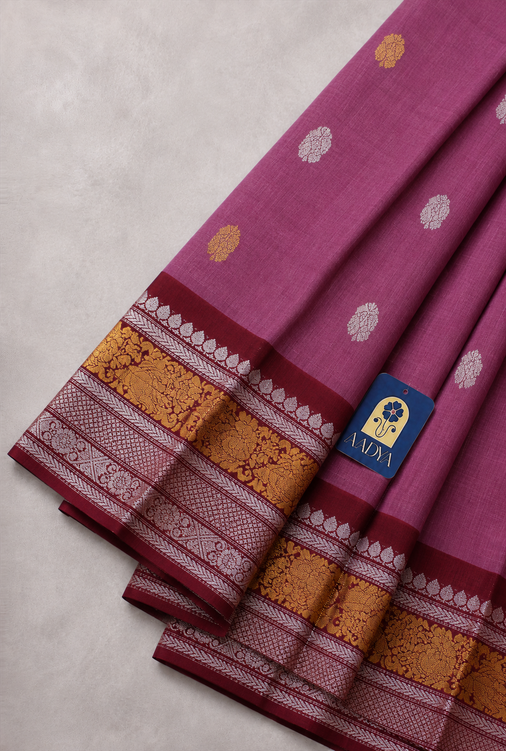 Dusty Rose Gadwal Sico Saree with Peacock & Round Zari Buttis, Maroon Zari Border