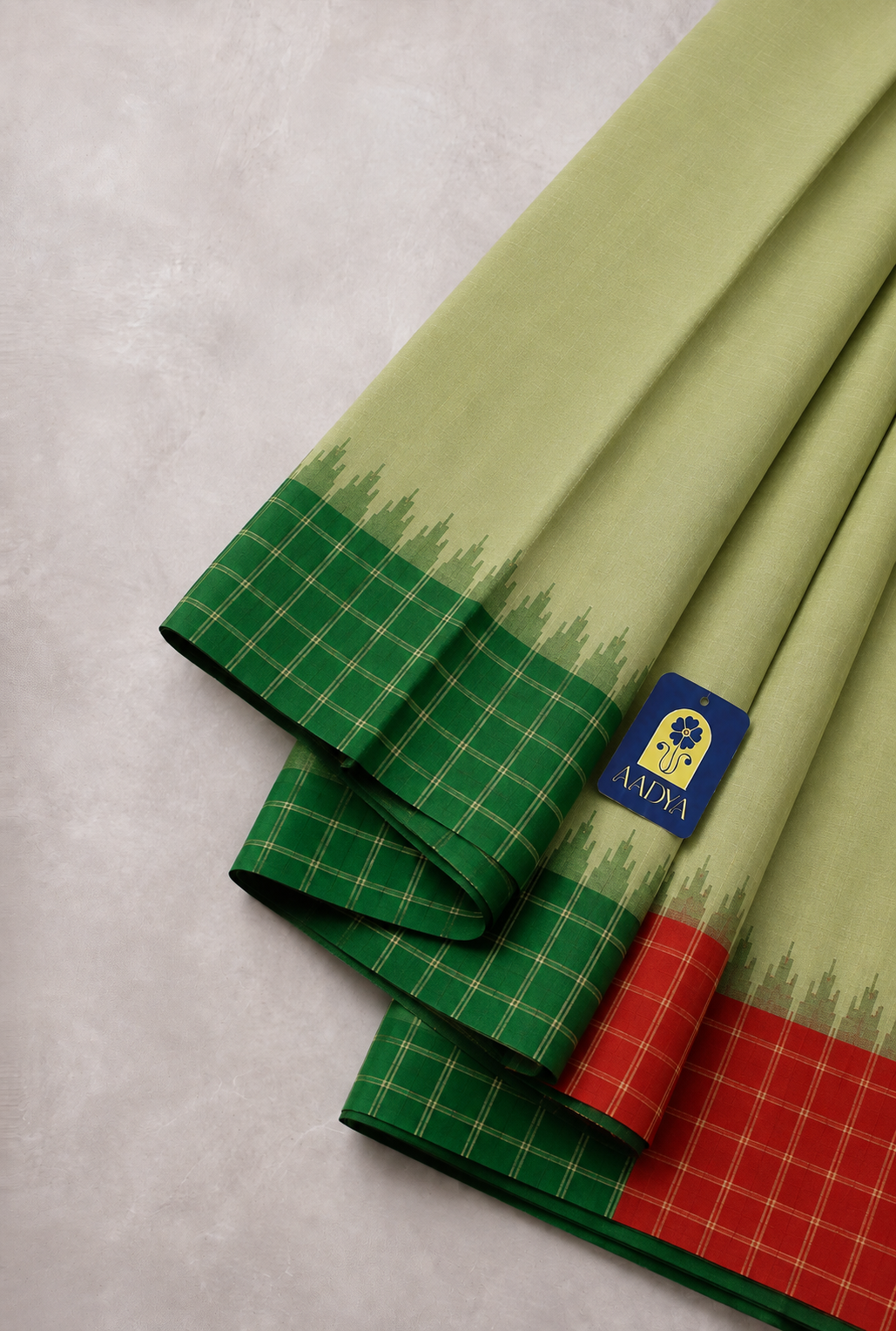 Cream Gadwal Sico Saree with Red & Green Ganga Jamuna Temple Border