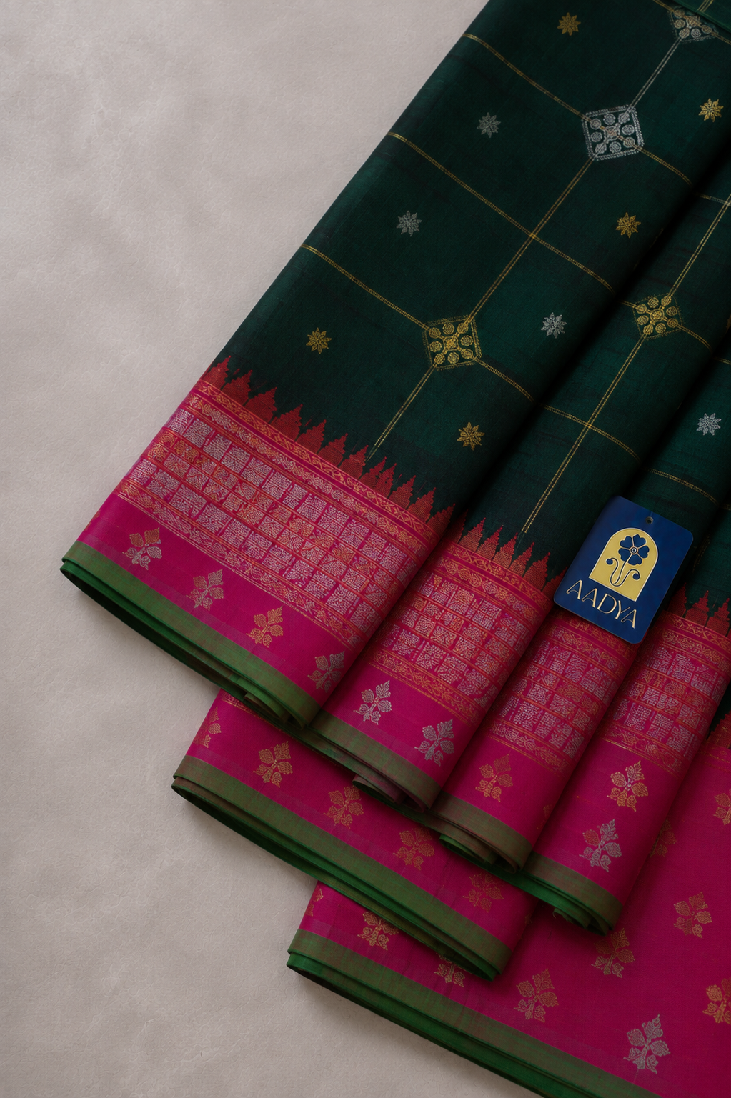 Dark Green Gadwal Silk Saree with Gold Zari Buttis & Diamond Motifs