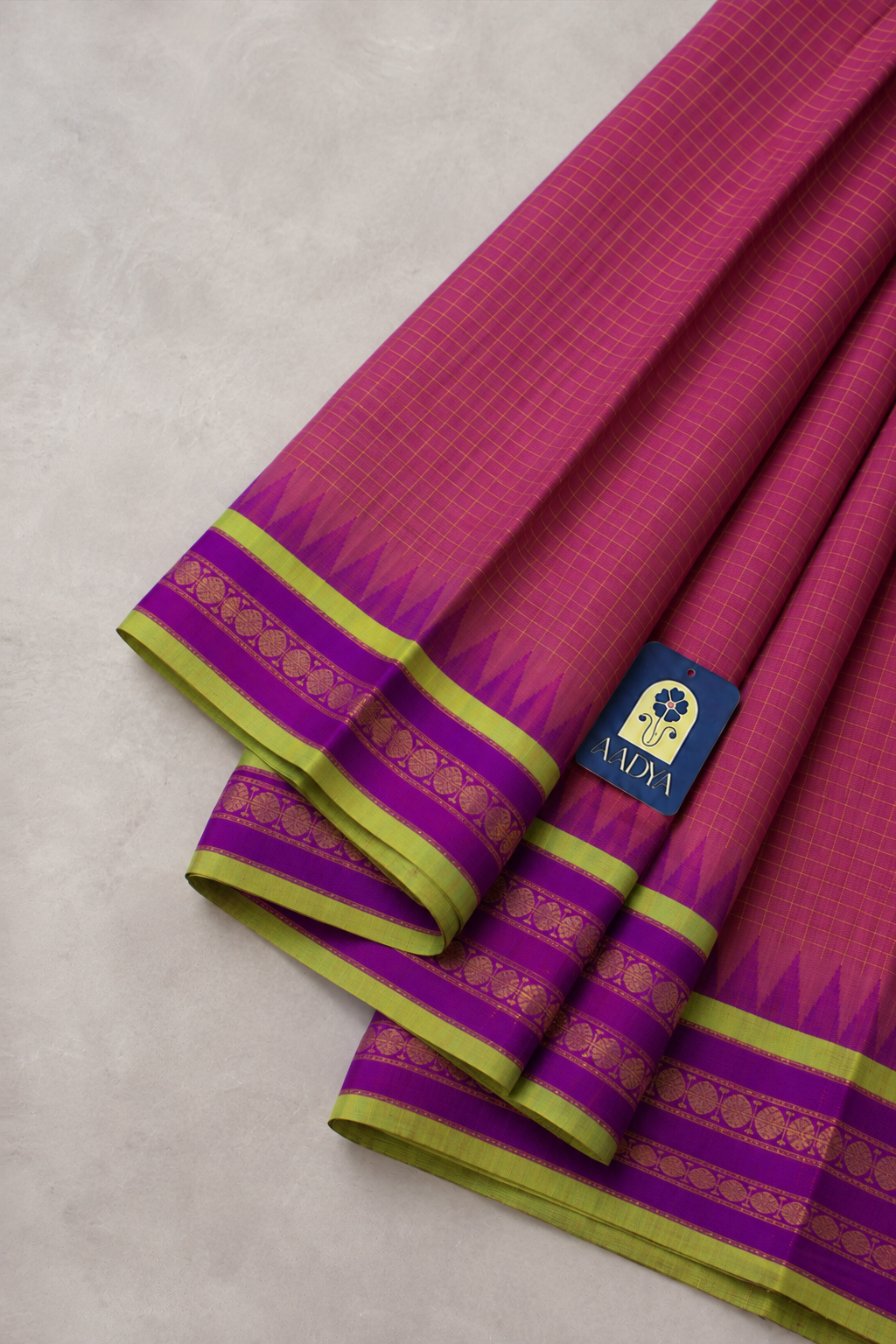 Beetroot Pink Ponduru Khadi Cotton Saree with Purple Border & Zari Checks