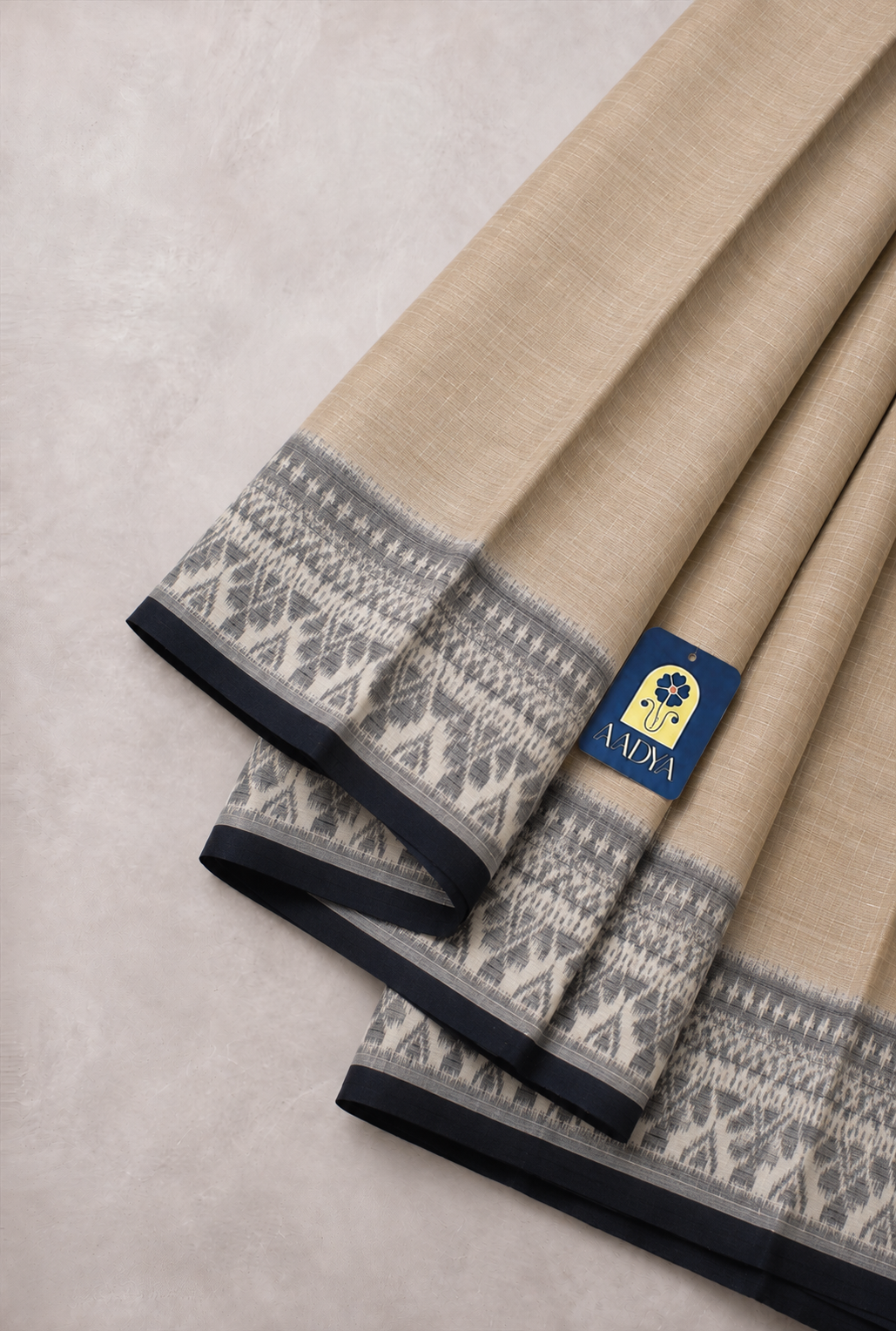 Beige Ahimsa Silk Saree with Grey Geometric Tribal Design & Black Selvage
