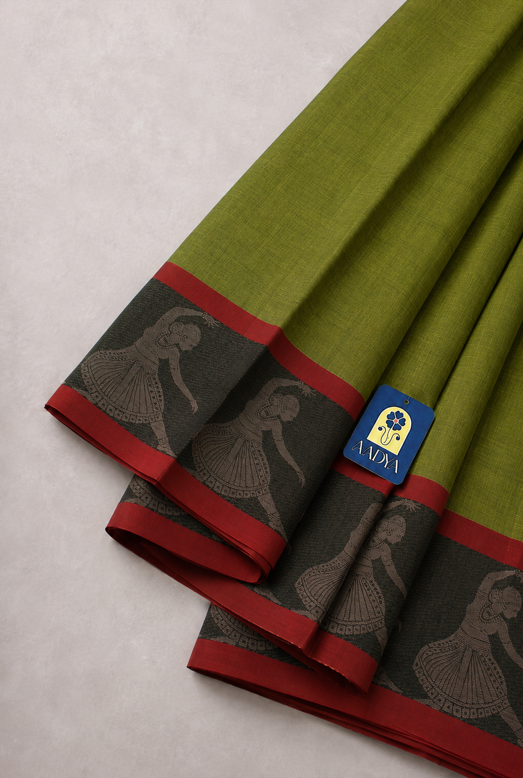 Parrot Green Narayanpet Cotton Saree with Brick Red Border & Woman Dancer Motifs