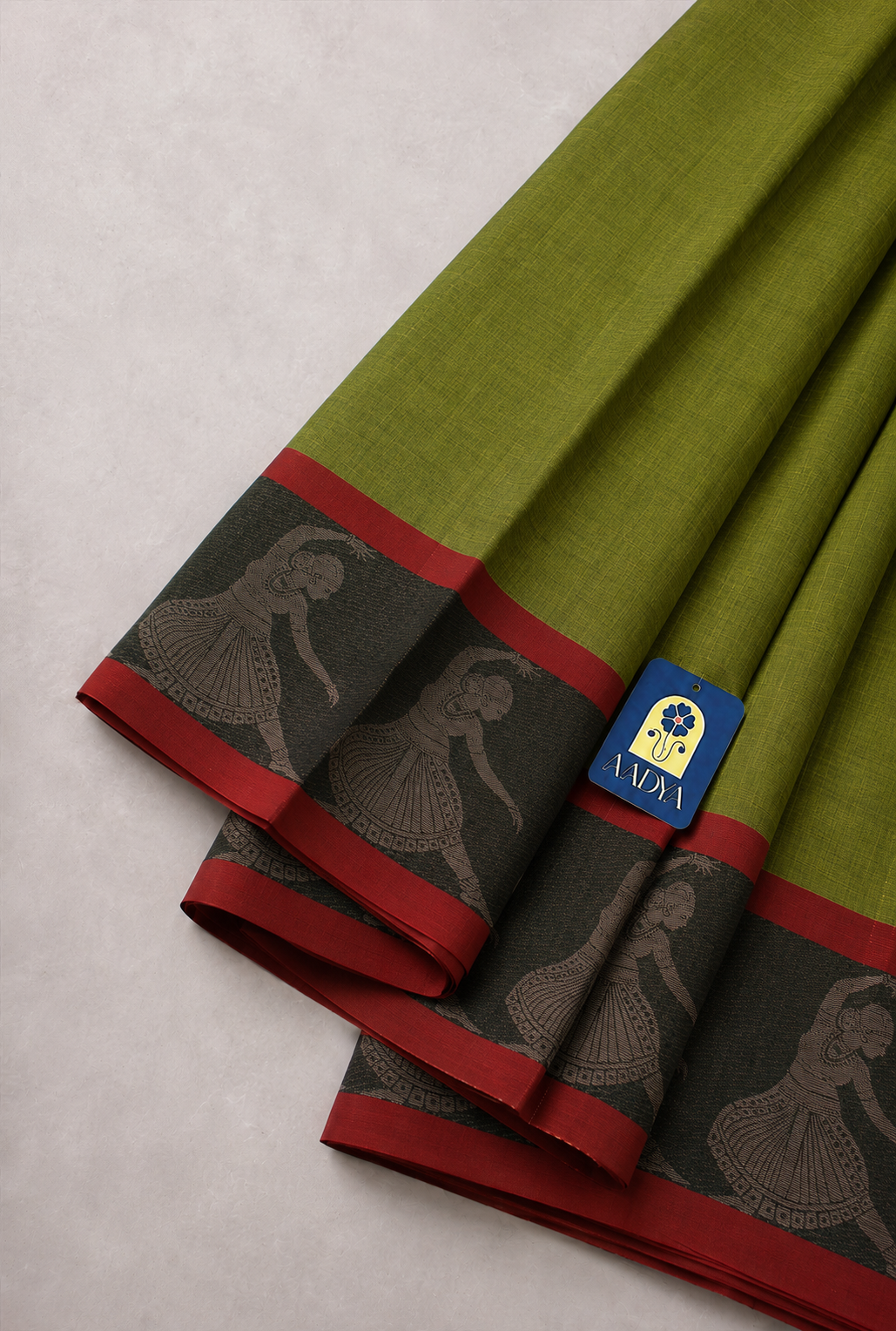 Parrot Green Narayanpet Cotton Saree with Brick Red Border & Woman Dancer Motifs