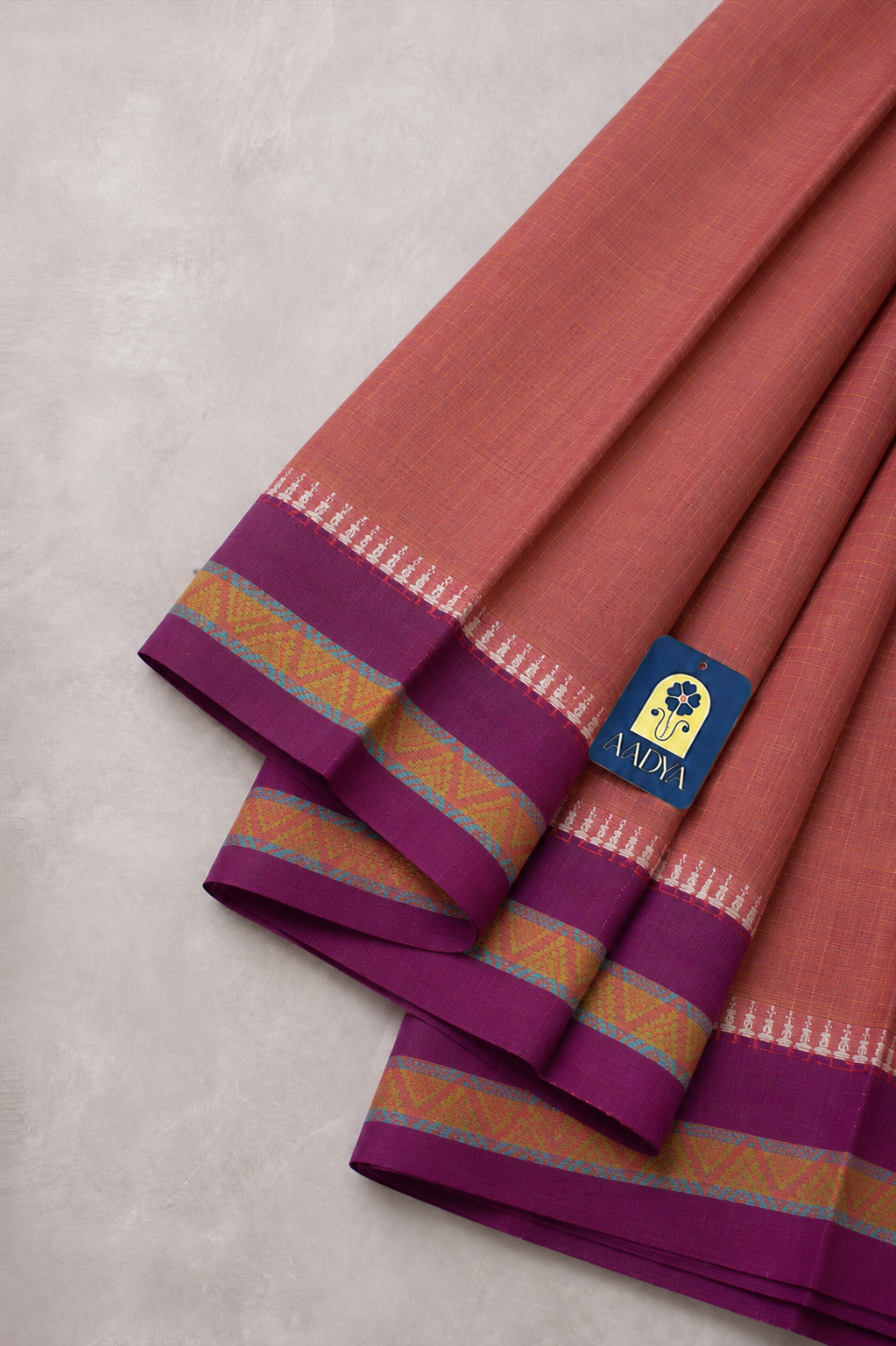 Peach Narayanpet Cotton Saree with Purple Border & White-Purple Pallu