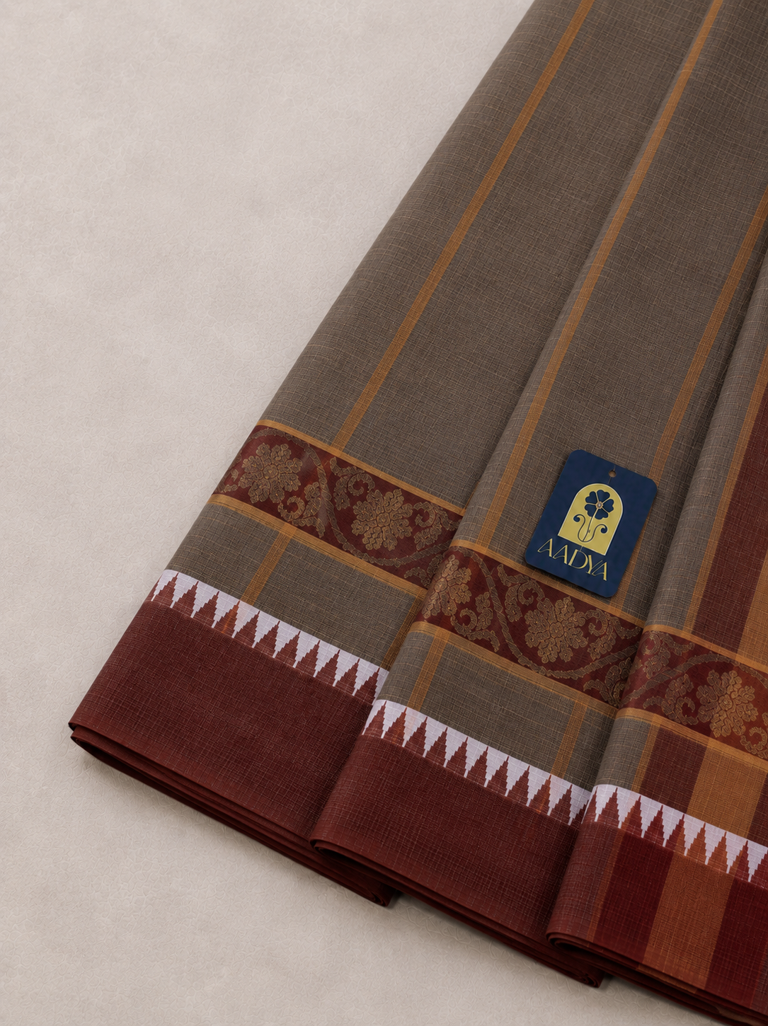 Grey Narayanpet Cotton Saree with Flower Thread-Work Border
