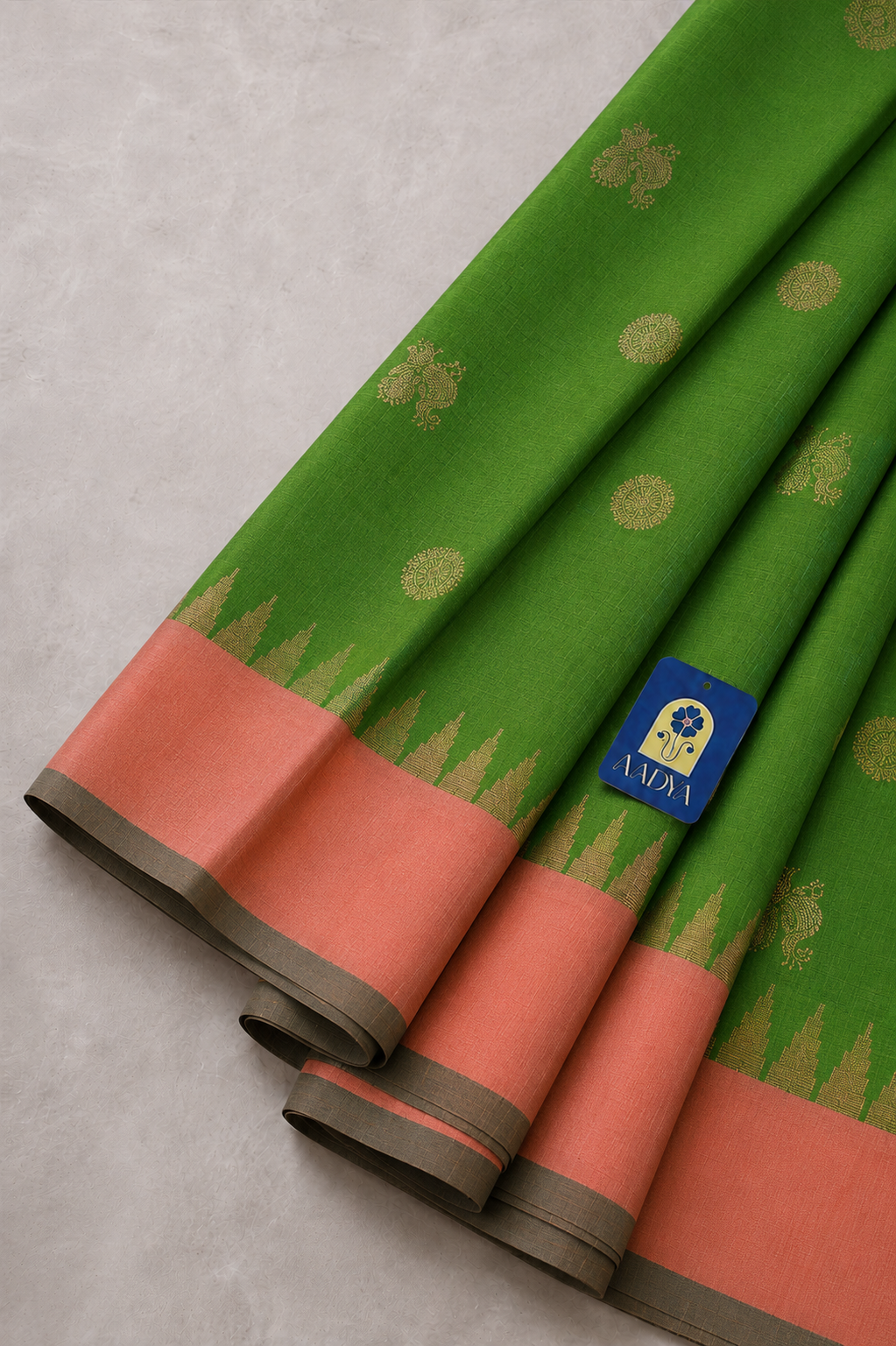 Parrot Green Gadwal Silk Saree with Peacock Round Zari Buttis, Pink Border & Zari Work Pallu