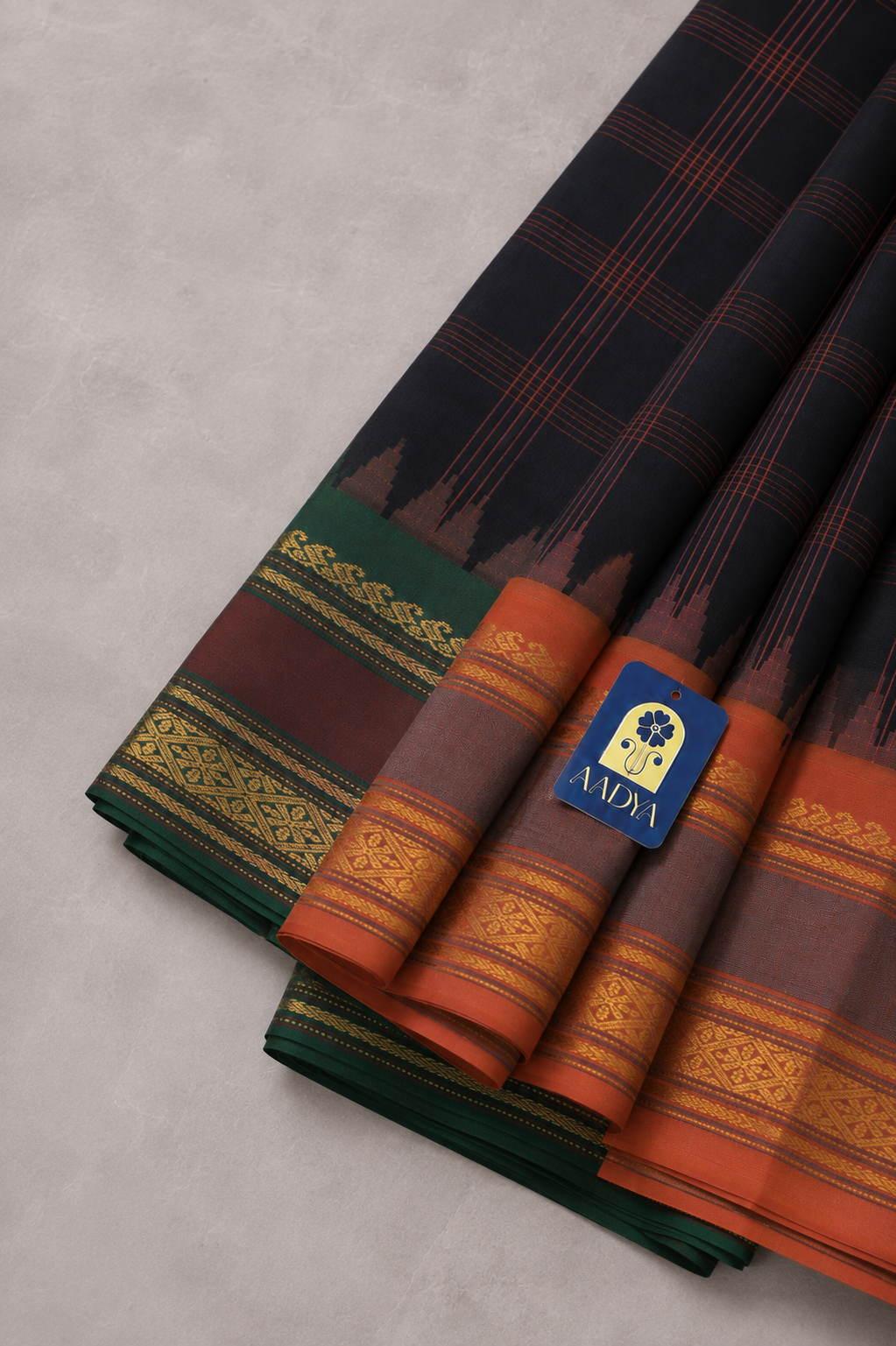 Black Gadwal Silk Saree with Big Checks & Green-Orange Ganga Jamuna Zari Border