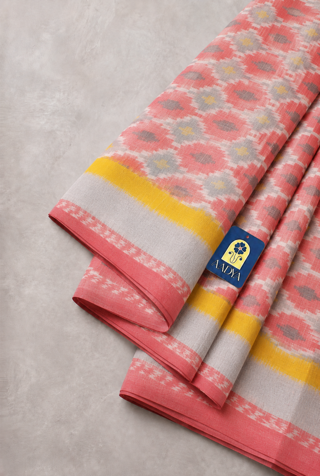 Pink Puttapaka Ikkat Eri Silk Saree with Geometric Motifs, Yellow Border & Ikkat Pallu