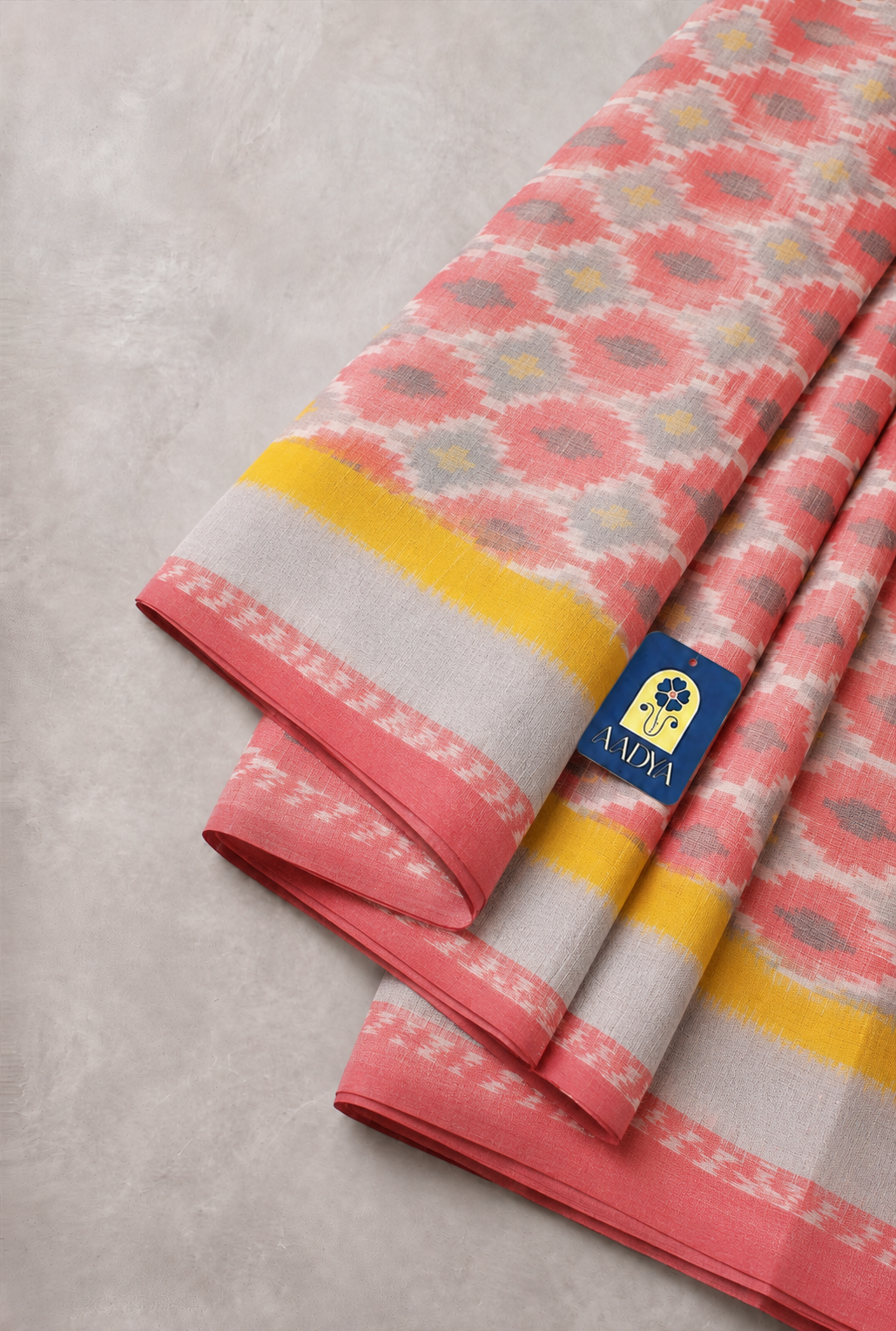 Pink Puttapaka Ikkat Eri Silk Saree with Geometric Motifs, Yellow Border & Ikkat Pallu
