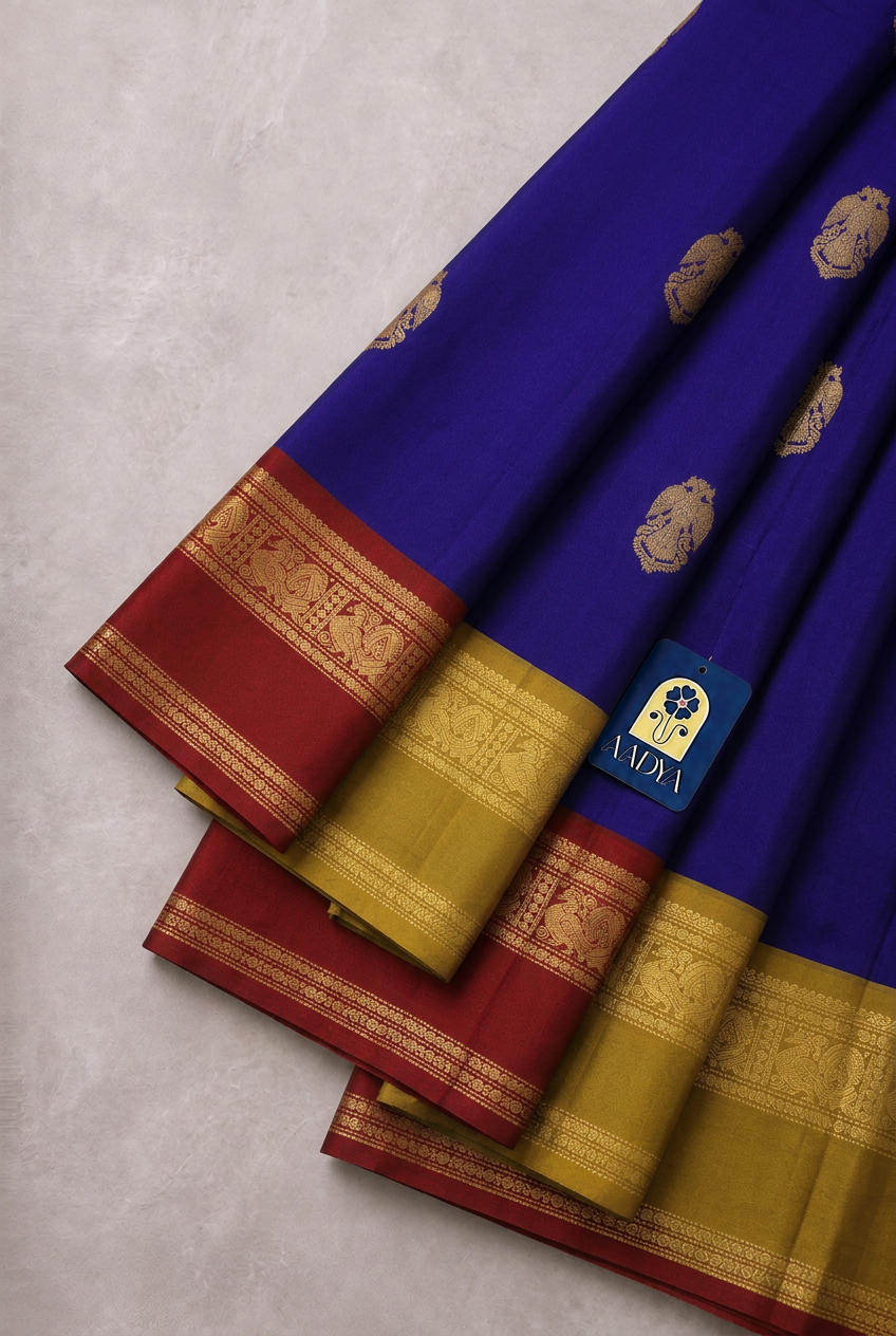 Deep Purple Kanchivaram Silk Saree with Gold Zari Gandaberunda Motifs