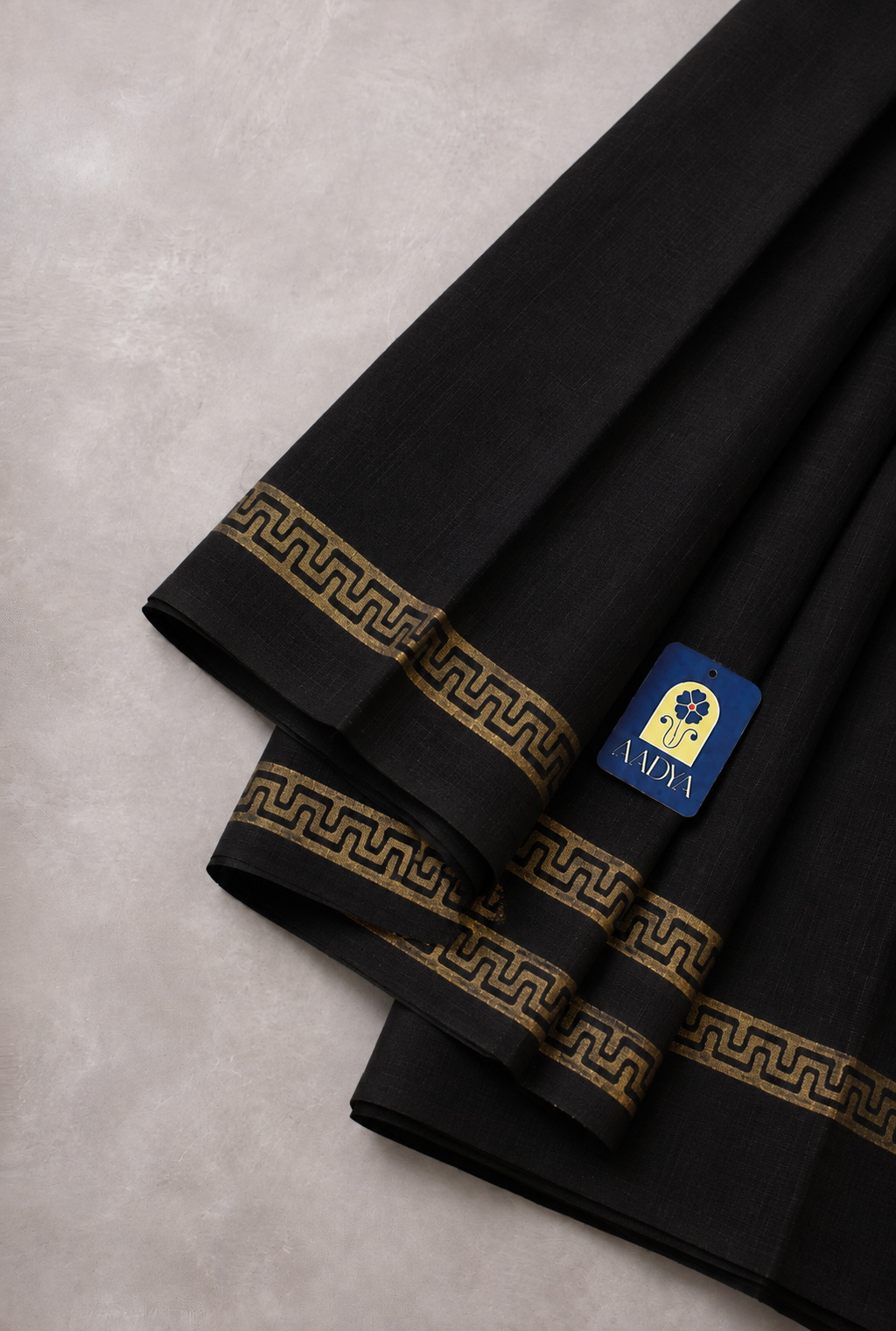 Black Tusser Saree with Mustard Gold Dabbu Printed Border & Pallu