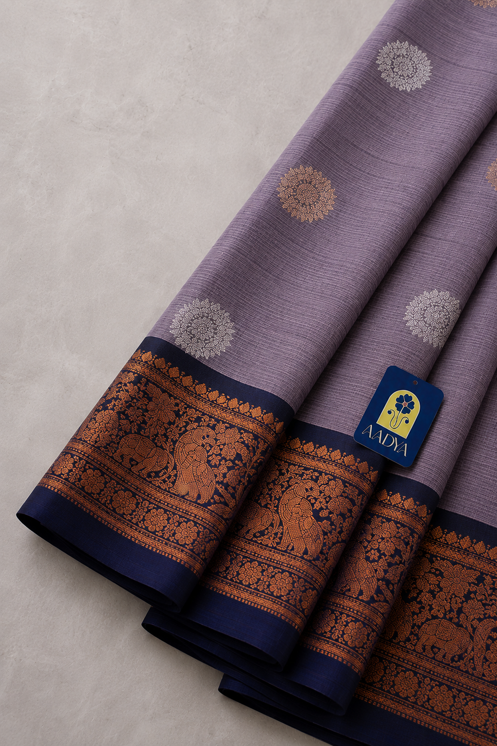 Grey Gadwal Sico Saree with Silver Parrot & Round Buttis and Navy Blue Threadwork Border