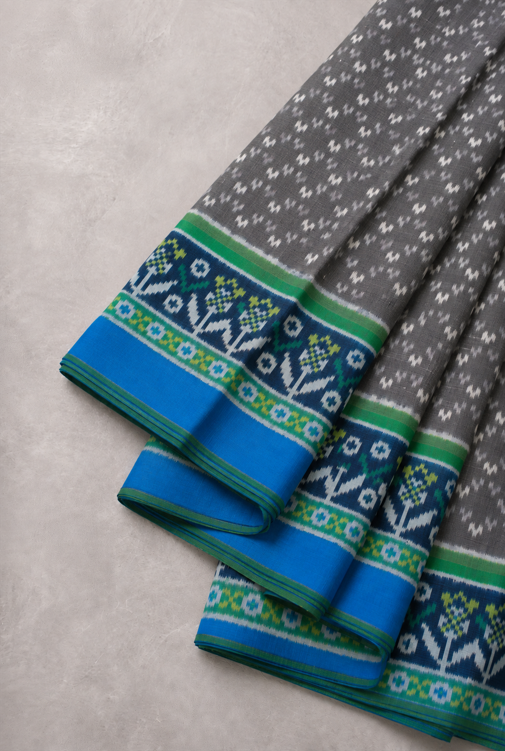 Grey Puttapaka Ikkat Silk Saree with Ikkat Work, Peacock Green Border & Designer Pallu