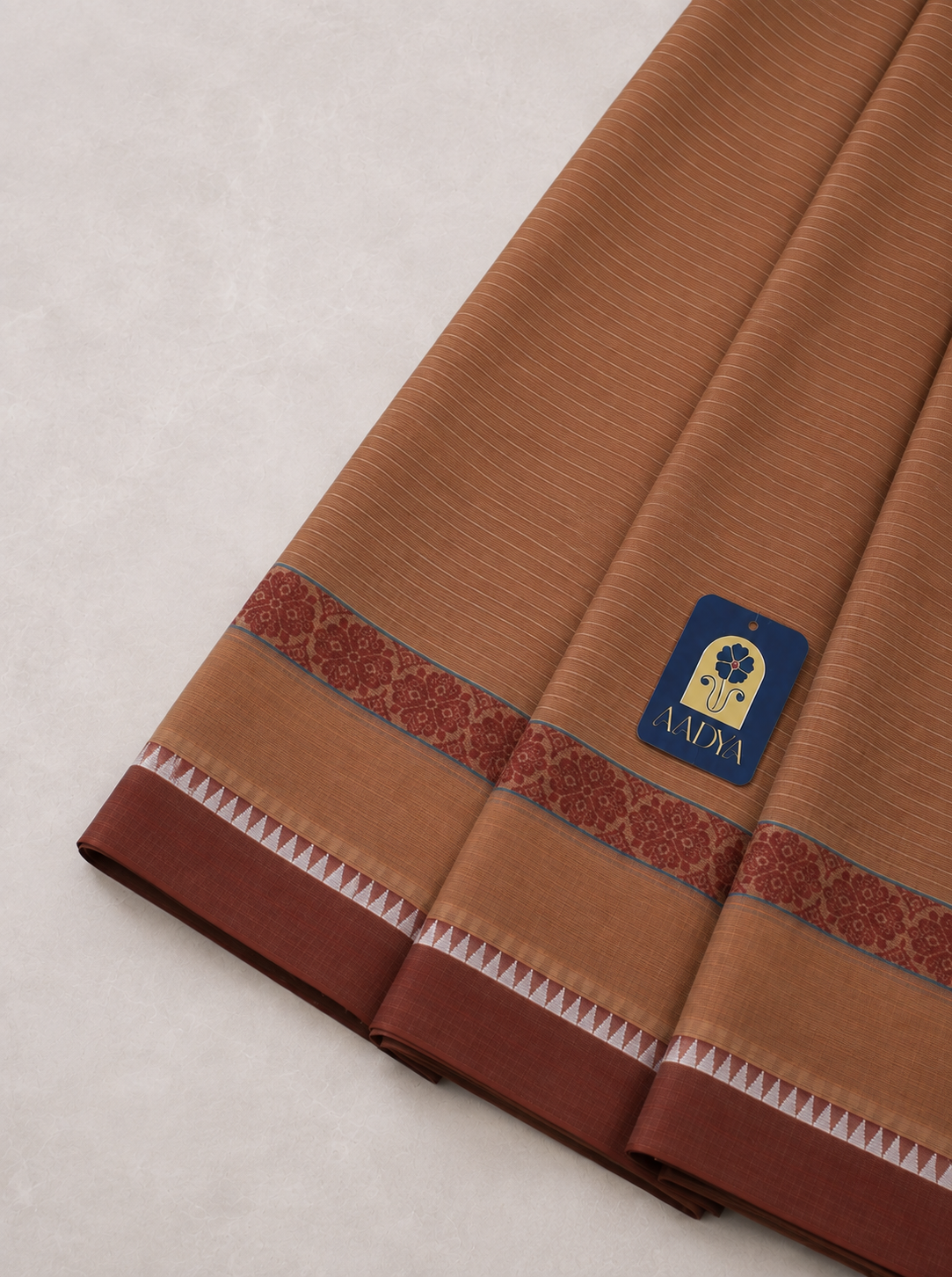 Sandal Narayanpet Cotton Saree with Leaf Border & Green Pallu