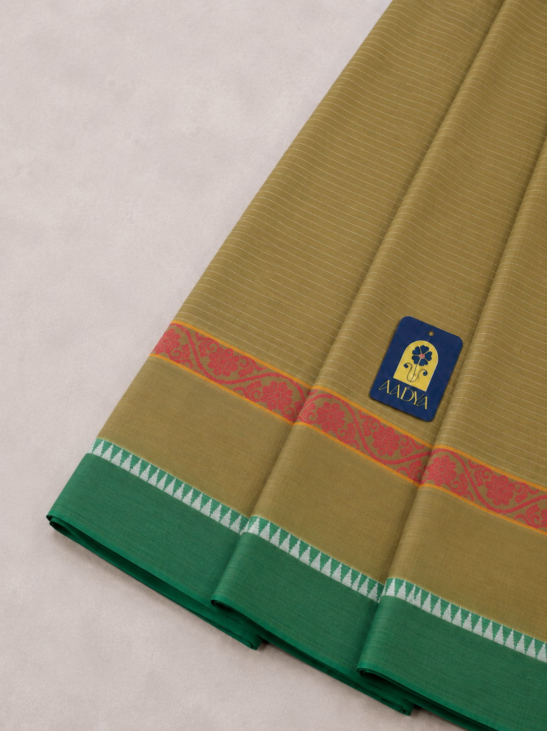 Mehandi Green Narayanpet Cotton Saree with Leaf Border