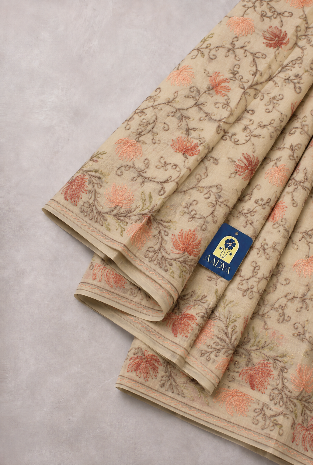 Cream Georgette Saree with Full Kashmir Work on Border & Pallu