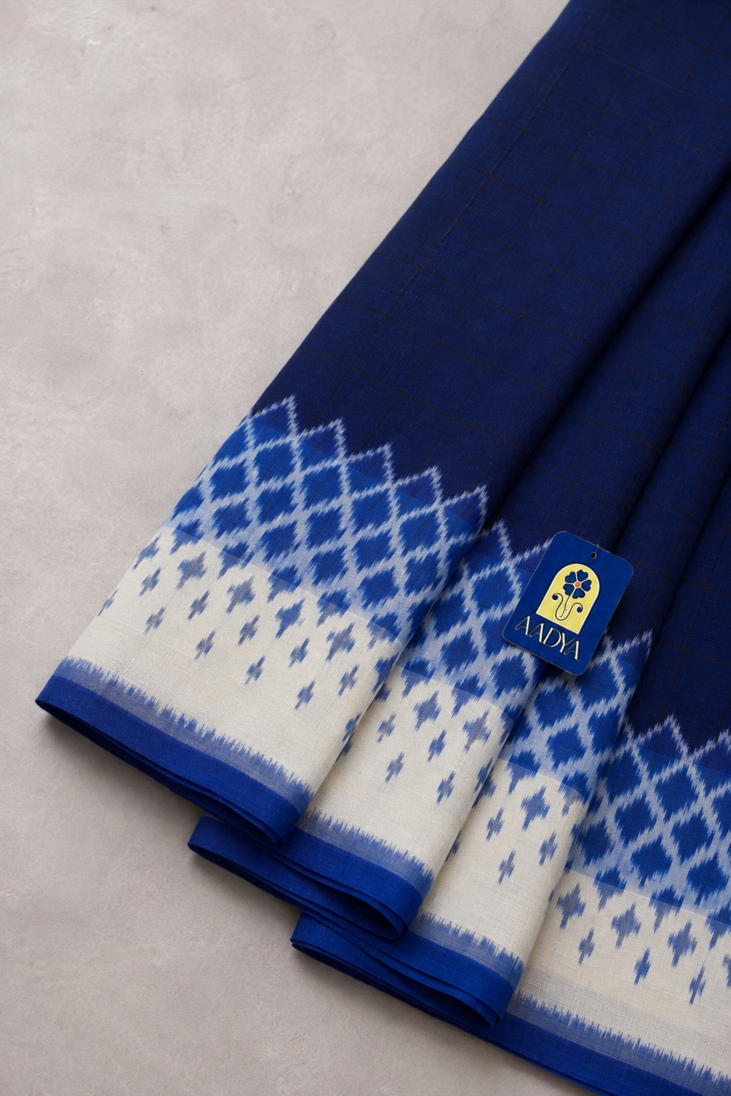 Navy Blue & Black Puttapaka Ikkat Cotton Saree with Checks, Lines & Blue Design Pallu