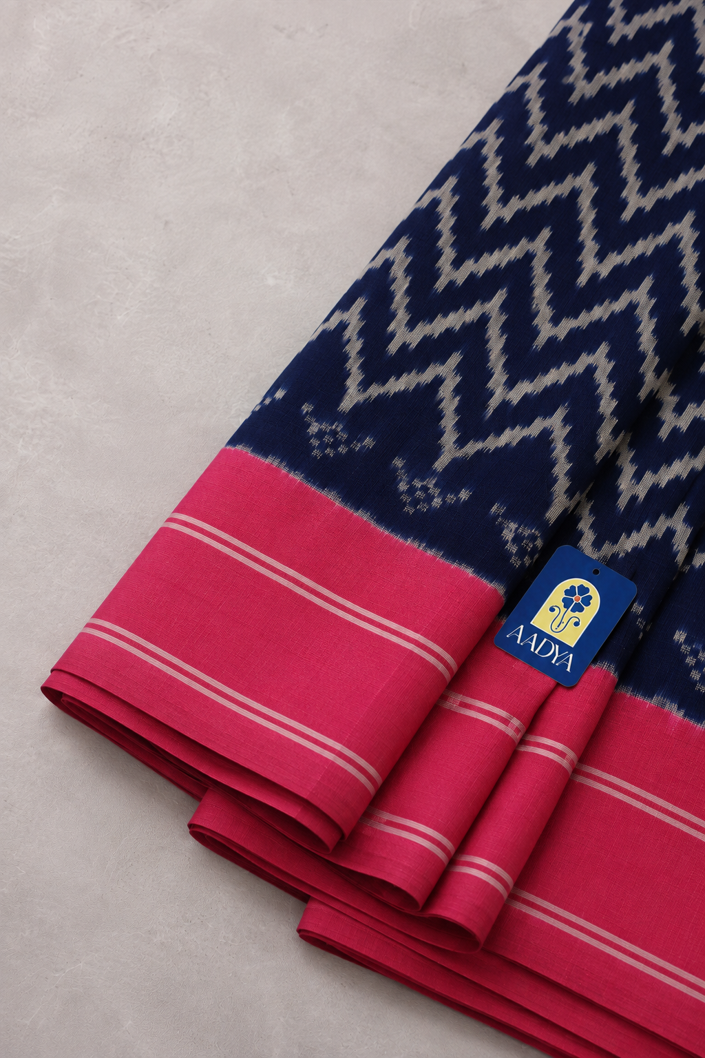 Navy Blue Puttapaka Ikkat Eri Silk Saree with Wave Design, Pink Border & Ikkat Pallu