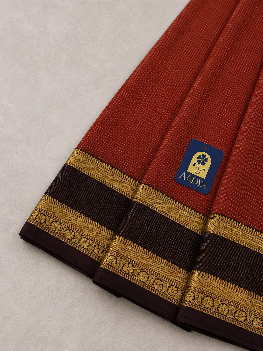 Red Kanchivaram Silk Saree with Small Zari Checks & Coffee Brown Border