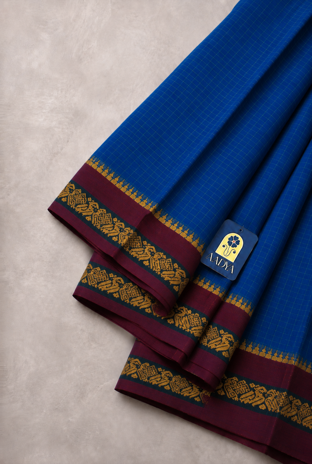 Turquoise Blue Narayanpet Cotton Saree with Deep Maroon Woven Motif Border