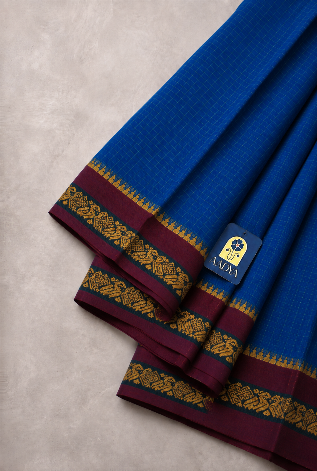Turquoise Blue Narayanpet Cotton Saree with Deep Maroon Woven Motif Border