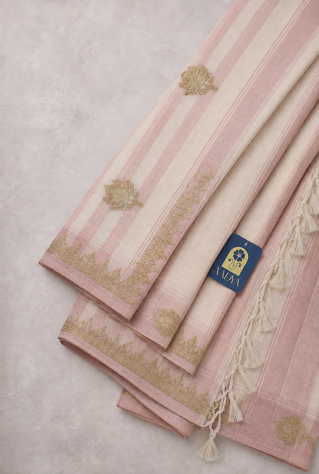 Light Pink Khadi Cotton Saree with Zari Flower Buttis & Zari Border