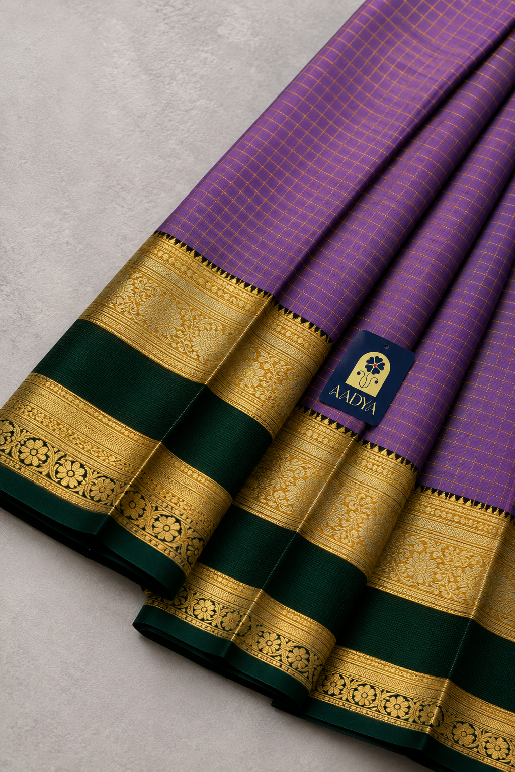 Onion Lavender Kanchivaram Silk Saree with Vaira Oosi Zari Checks & Green Border