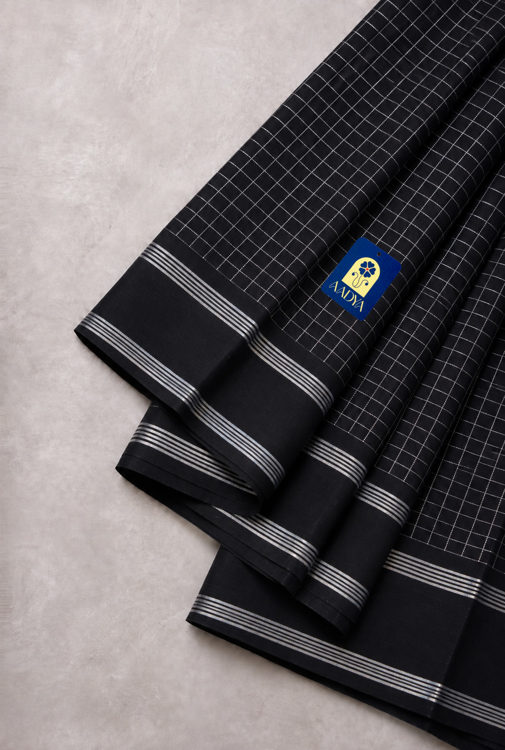 Black Kanchivaram Silk Saree with Silver Zari Checks & Border