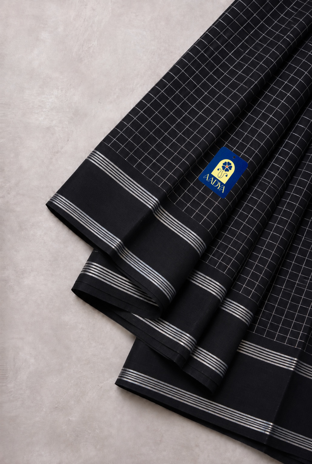 Black Kanchivaram Silk Saree with Silver Zari Checks & Border