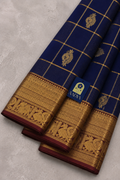 Navy Blue Kanchivaram Silk Saree with Zari Checks & Flower Buttis