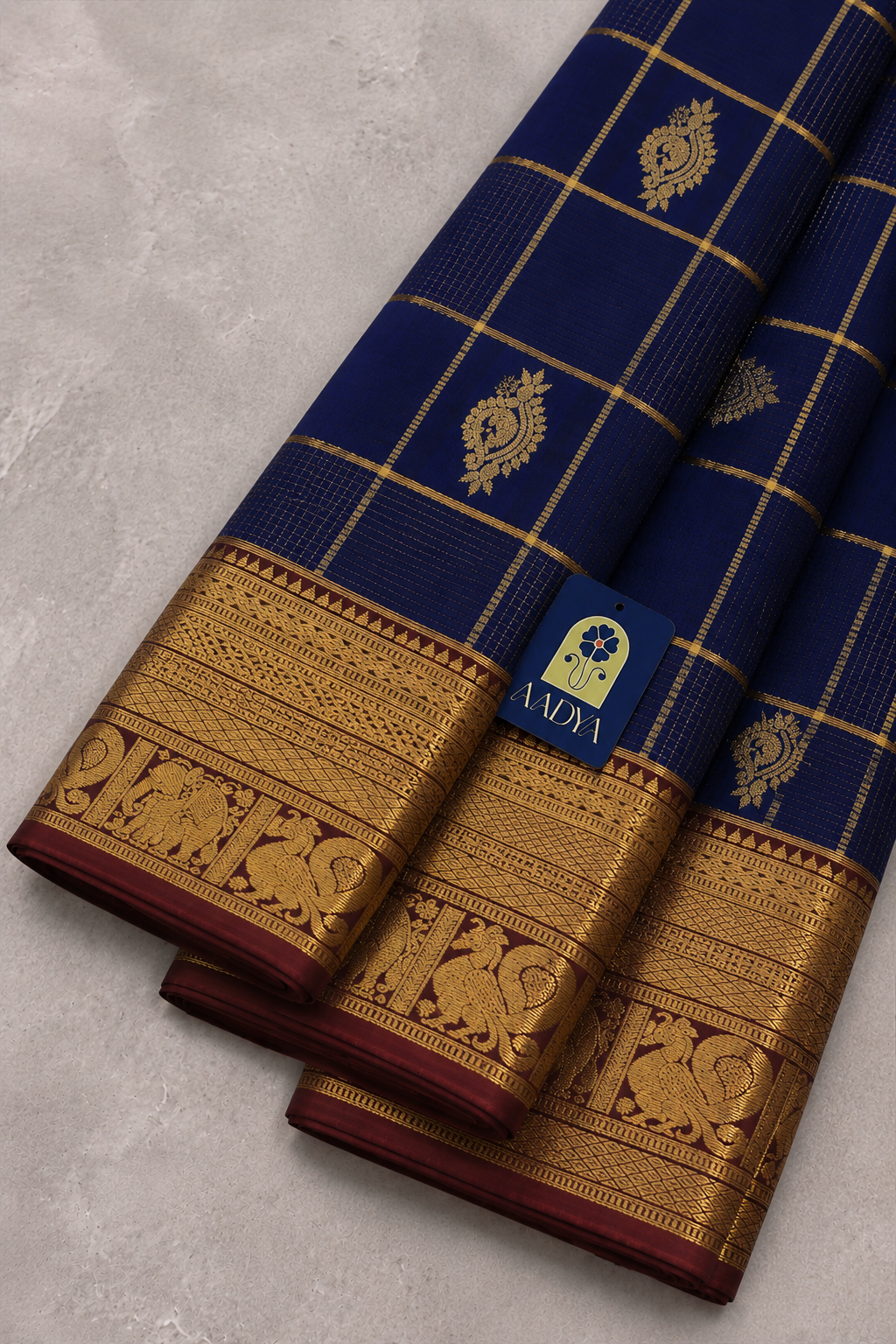 Navy Blue Kanchivaram Silk Saree with Zari Checks & Flower Buttis