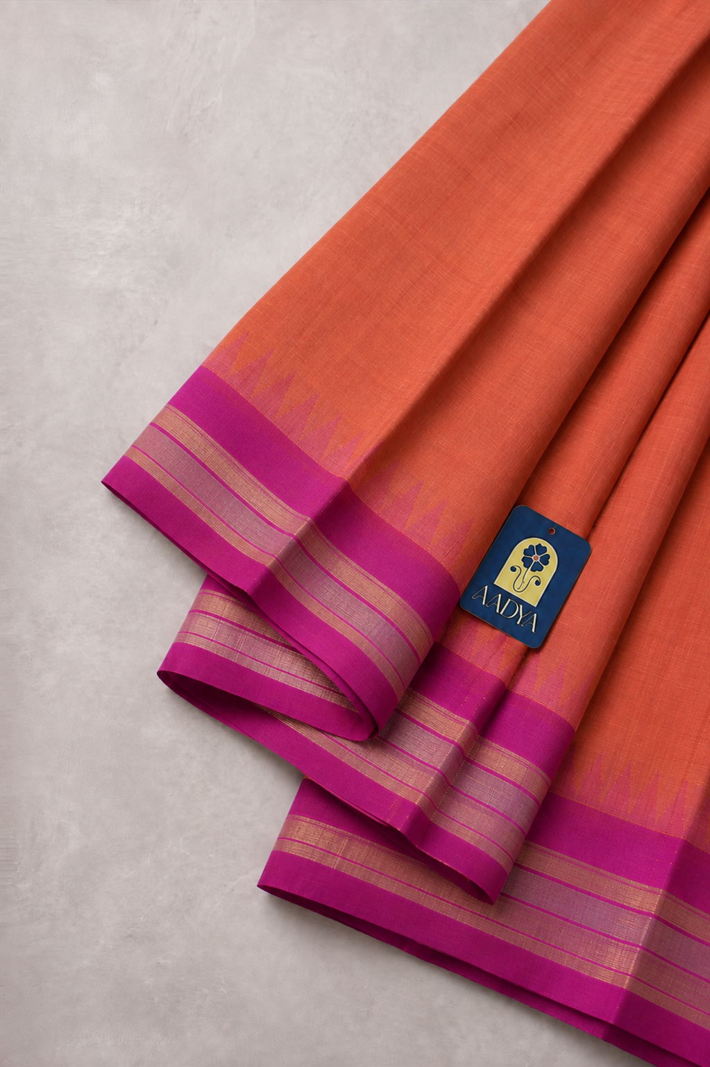 Orange Ponduru Khadi Cotton Saree with Pink Gap Border & Silver Zari Lines