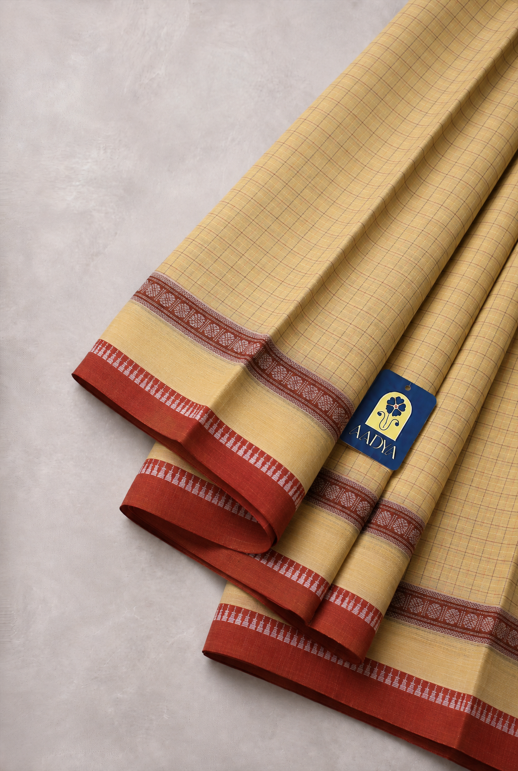 Butter Yellow Narayanpet Cotton Saree with Rust Orange Gap Border & Blue Pallu Lines