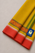 Yellow & White Narayanpet Cotton Saree with Temple Design Border