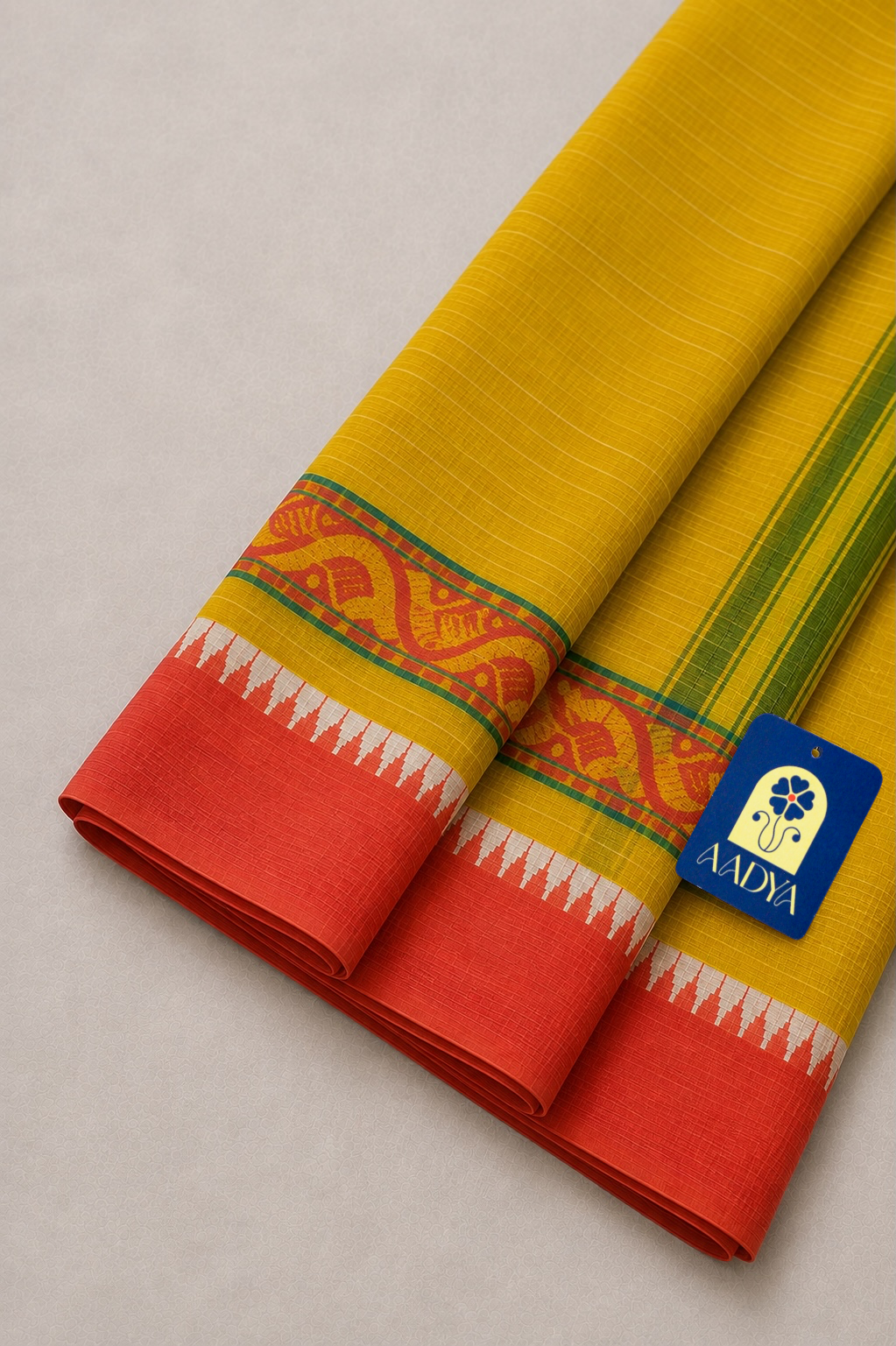 Yellow & White Narayanpet Cotton Saree with Temple Design Border