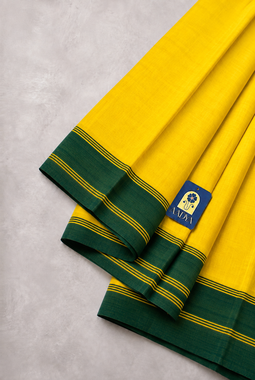 Yellow & Green Chanderi Silk Saree with Green Border & Yellow Pallu Lines