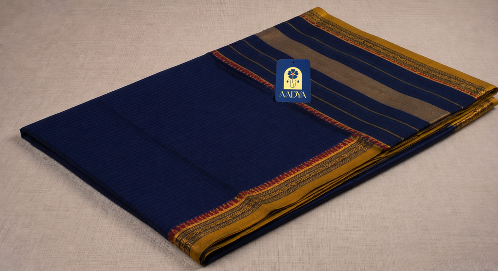 Navy Blue Narayanpet Cotton Saree with Zari Temple Motifs