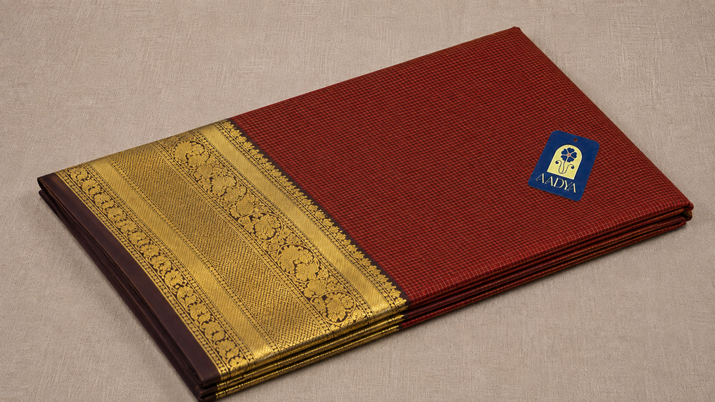 Red Kanchivaram Silk Saree with Small Zari Checks & Coffee Brown Border