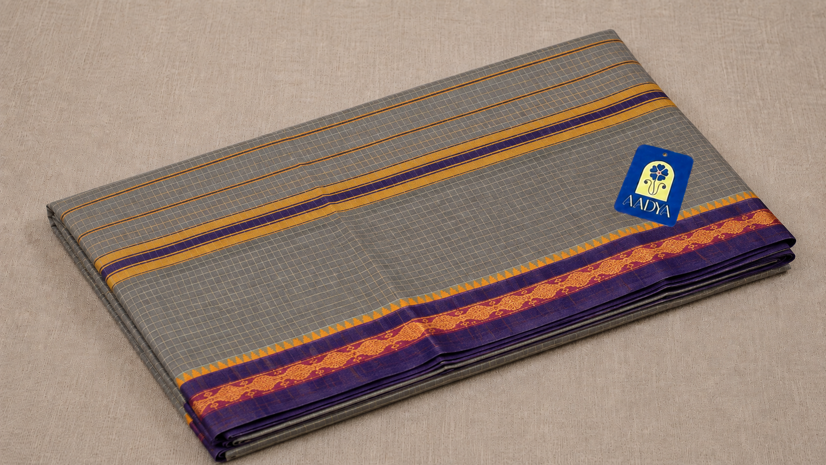 Grey Narayanpet Cotton Saree with Purple Thread-Work Border