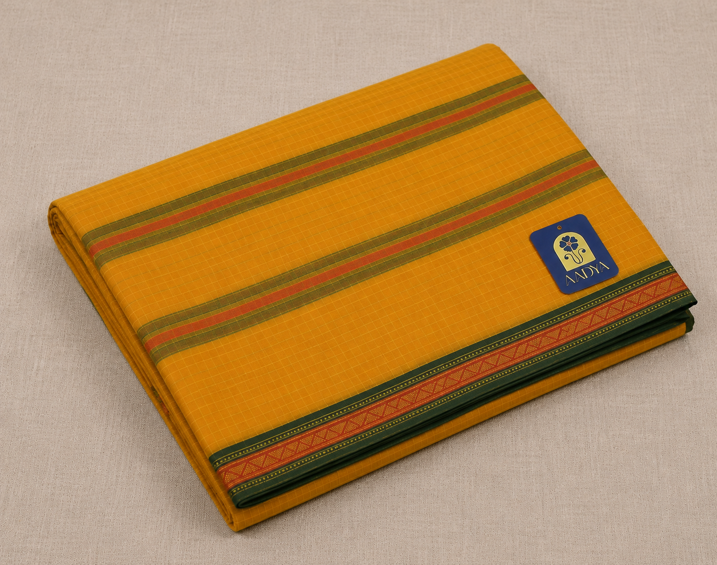 Yellow & Light Yellow Narayanpet Cotton Saree with Green & Red Zari Border
