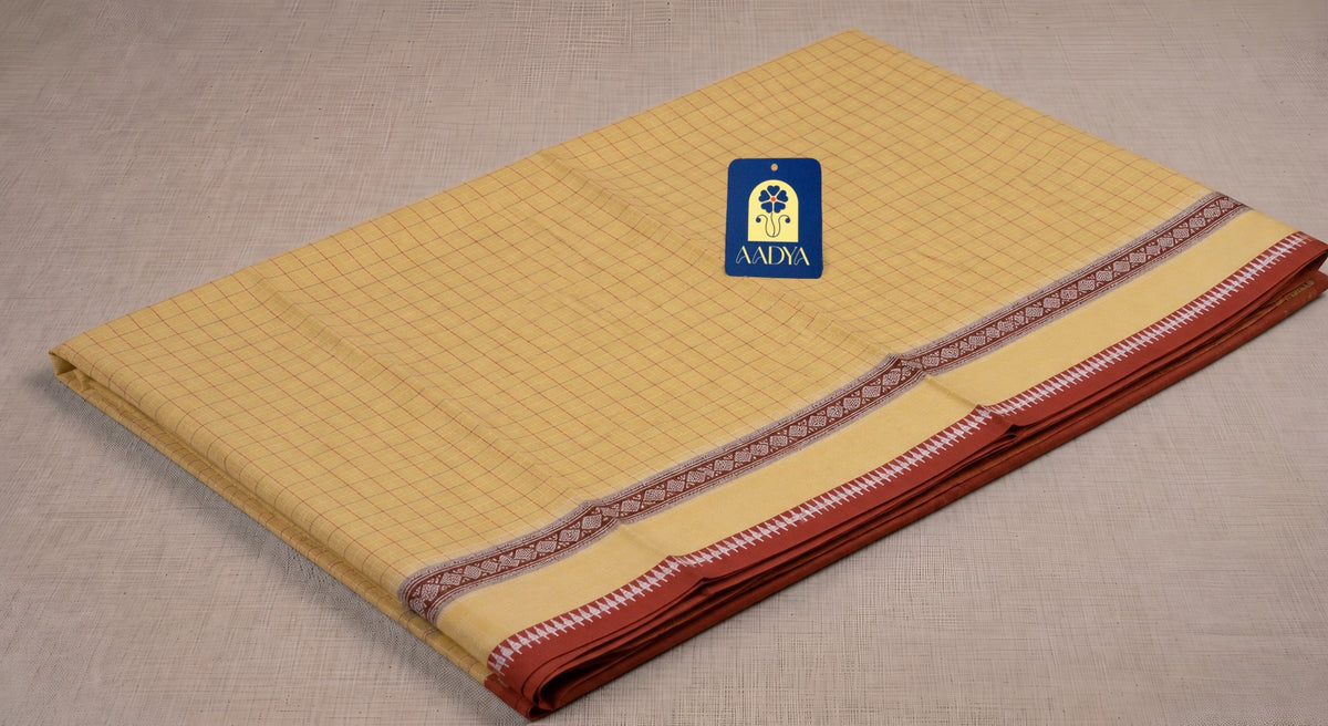 Butter Yellow Narayanpet Cotton Saree with Rust Orange Gap Border & Blue Pallu Lines