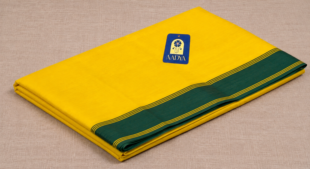 Yellow & Green Chanderi Silk Saree with Green Border & Yellow Pallu Lines